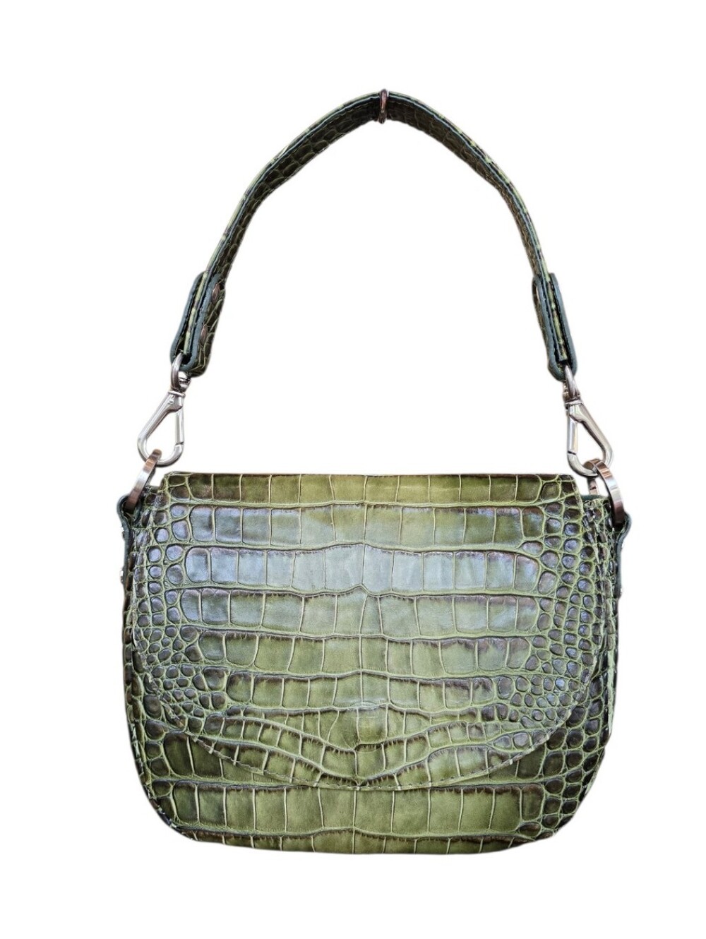 Holden Croc Embossed Olive Green Leather Saddle Bag Shoulderbag